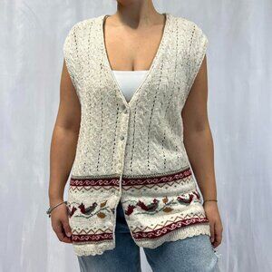 Cream And Red Vintage Oscardo cardigan with embroided birds and floral pattern